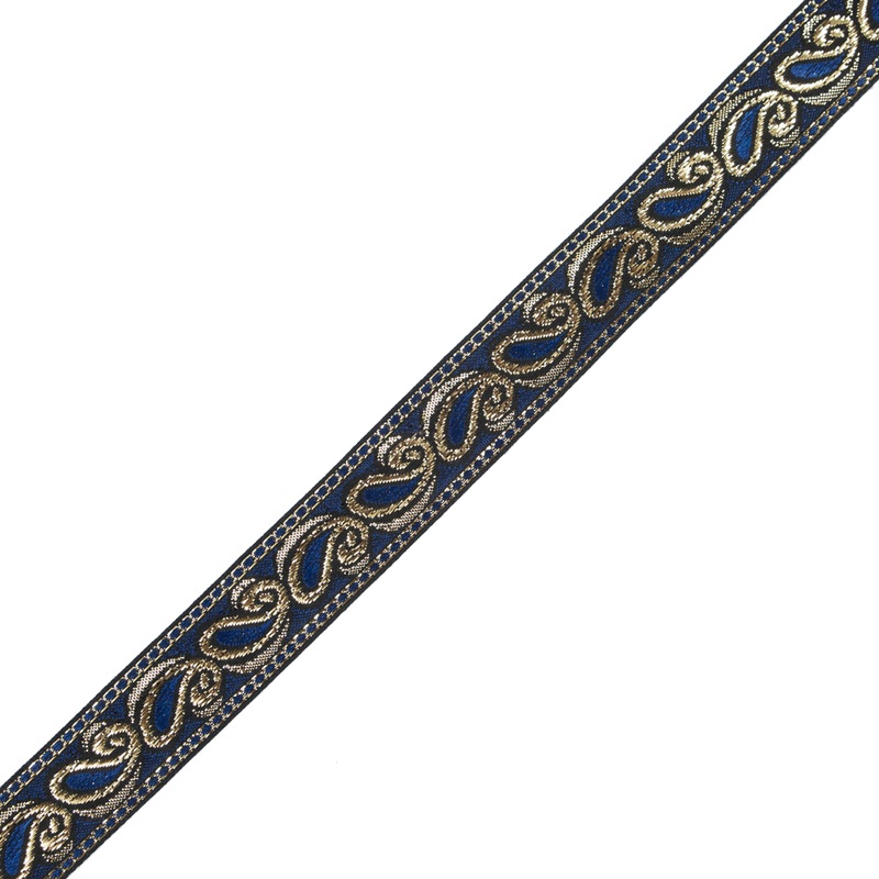 Blue and Metallic Gold Paisley Jacquard Ribbon – 1″