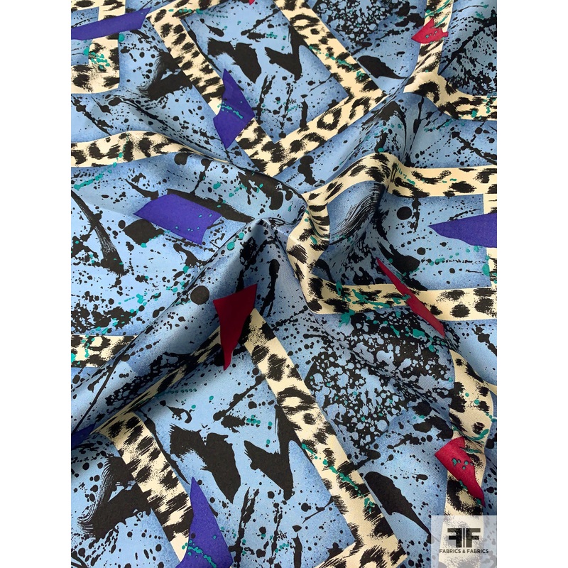 Box Shapes and Splatter Printed Vintage Silk Twill – Dusty Sky Blue / Black / Cream / Merlot Fabric by the Yard