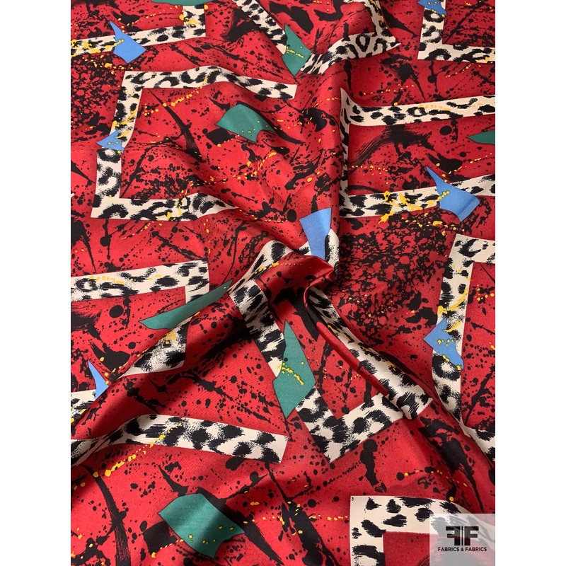 Box Shapes and Splatter Printed Vintage Silk Twill – Red / Black / Cream / Blue / Jade Fabric by the Yard