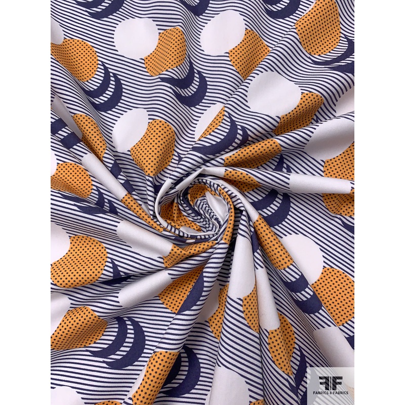 Circle Crescents Printed Cotton Poplin – Navy / Marigold / White Fabric by the Yard