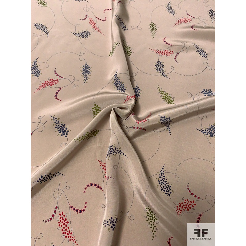 Dainty Graphic Leaf Stalks Printed Silk Crepe de Chine – Studio Clay / Navy / Green / Red Fabric by the Yard