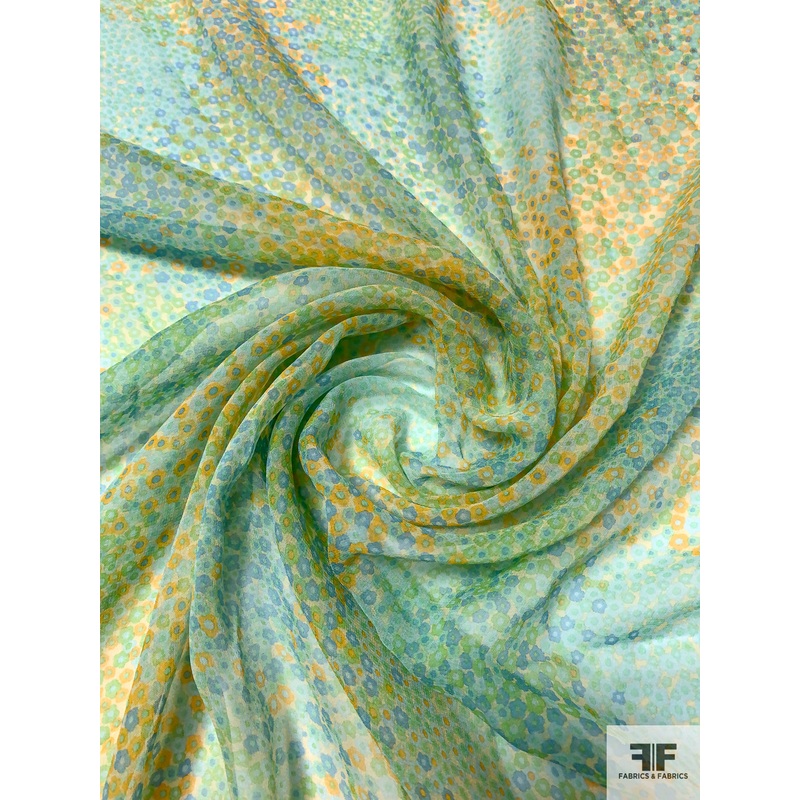 Ditsy Floral Clusters Printed Silk Chiffon – Seafom / Blue / Green / Marigold Fabric by the Yard