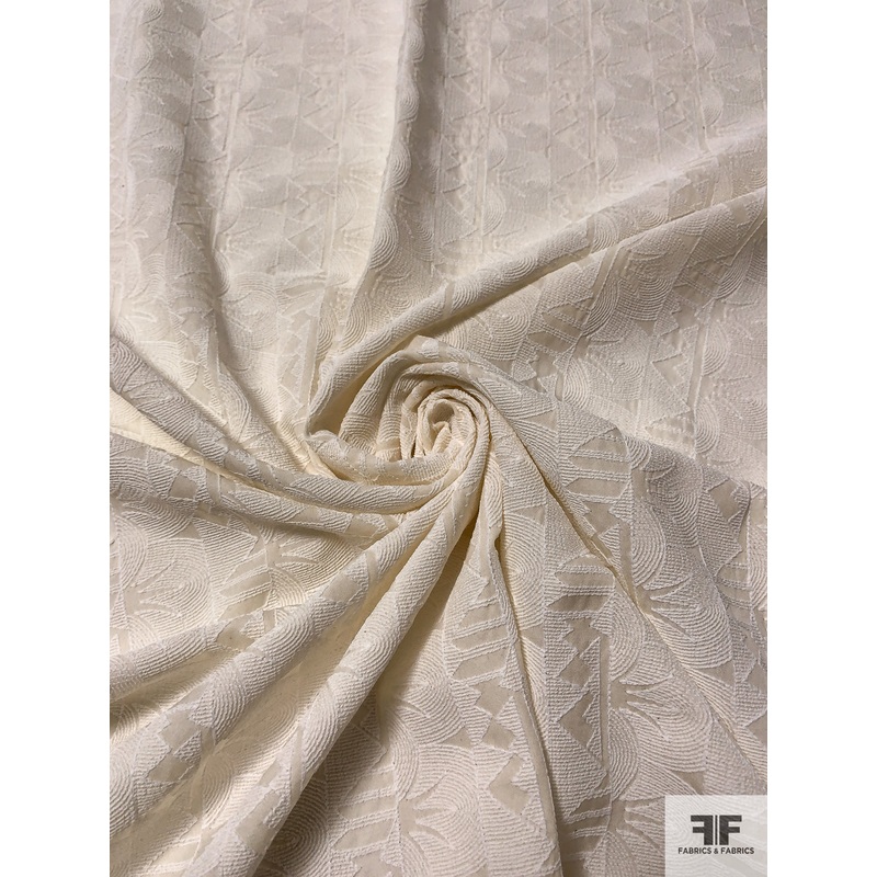 Ethno-Geometric Embroidered Silk Georgette – Beige / Off-White Fabric by the Yard