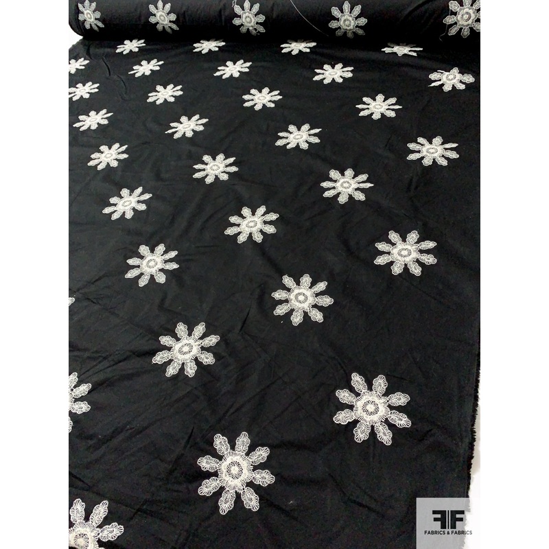 Floral Discs Embroidered Stretch Cotton Twill – Black / Ivory Fabric by the Yard