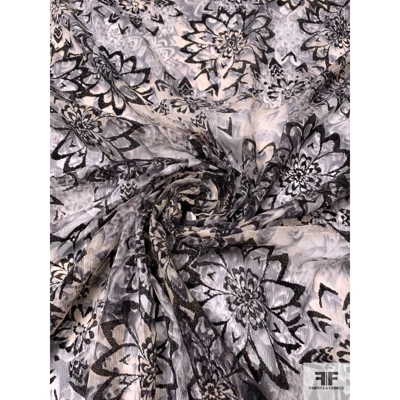 Floral Printed and Flocked Silk Chiffon – Black / Grey / Off-White / Tan Fabric by the Yard