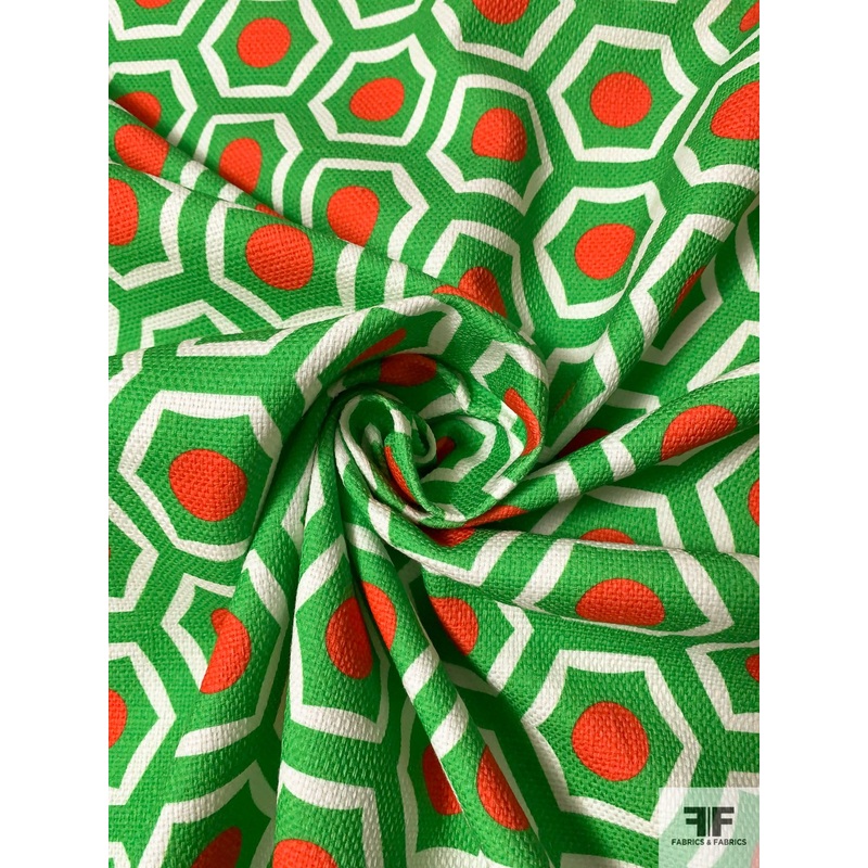 Geometric Art Deco Printed Linen-Weave Cotton – Bright Green / Bright Coral / White Fabric by the Yard