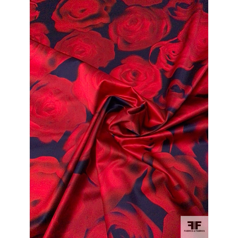 Italian Prabal Gurung Passionate Floral Printed Rayon Blend Satin – Rich Red / Navy Fabric by the Yard