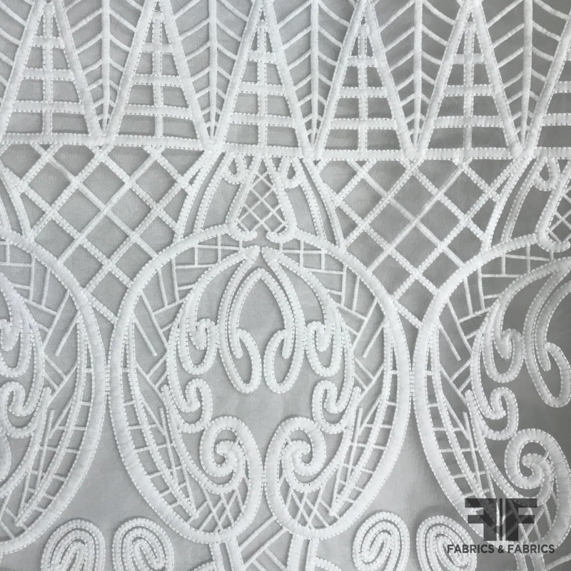 Novelty Damask-Like Embroidered Polyester Organza – White Fabric by the Yard