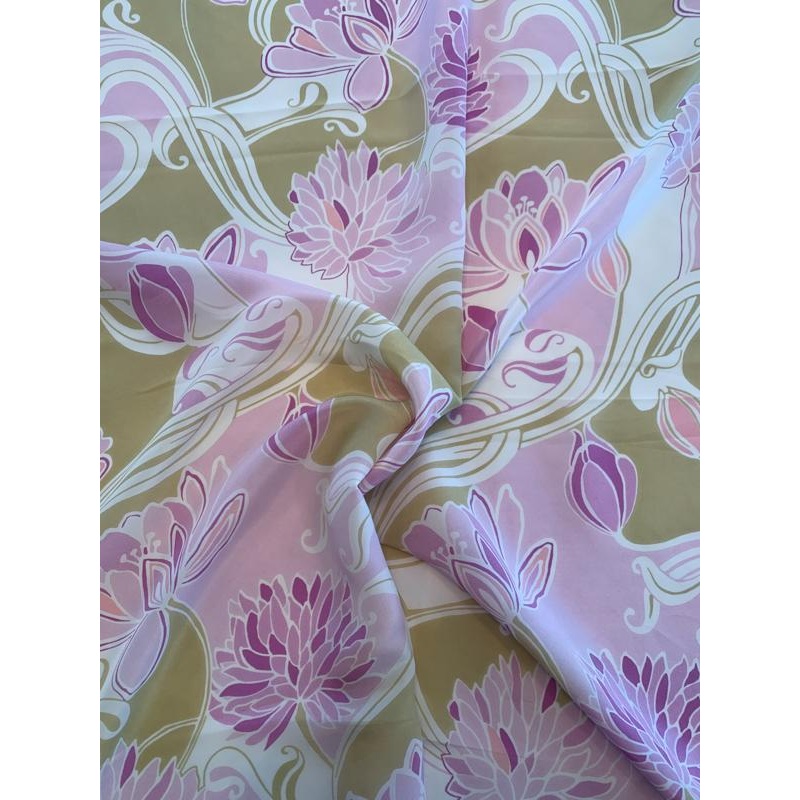 Springtime Floral Printed Silk Crepe de Chine – Lilac / Lavender / Tan / White Fabric by the Yard