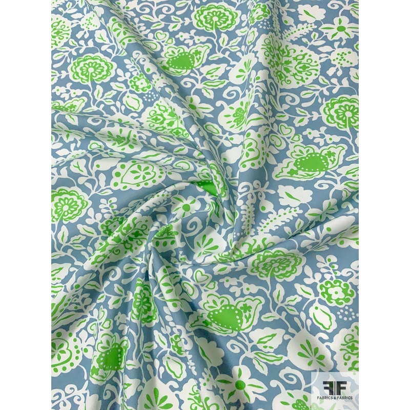 Summer Loving Printed Cotton Poplin – Deep Sky Blue / Green / Off-White Fabric by the Yard