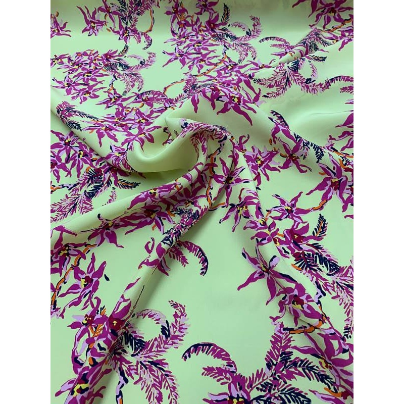 Trailing Orchid Floral Matte Printed Silk Charmeuse – Yellow / Magenta Fabric by the Yard