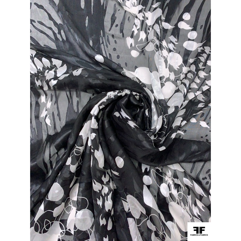 Abstract Printed Burnout Chiffon – Black / Off-White Fabric by the Yard