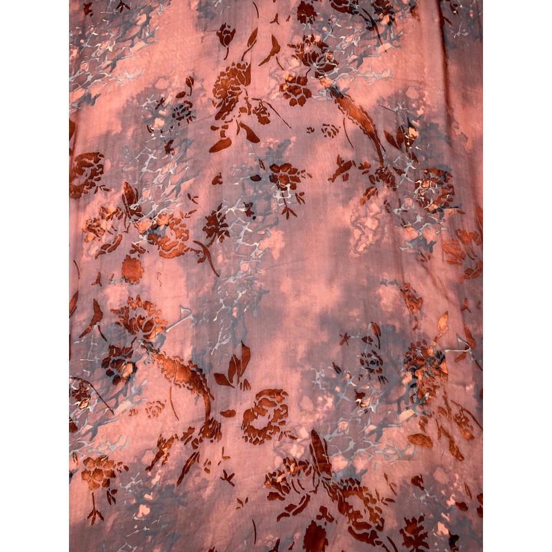 Abstract Printed Floral Burnout Silk Blend Chiffon – Copper Brown / Smokey Teal Fabric by the Yard