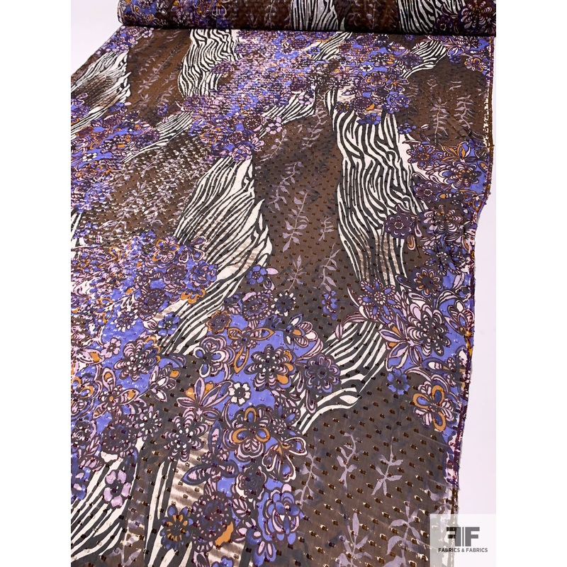 Animal Pattern Floral Collage Printed Silk Chiffon with Swiss Dots – Periwinkle / Brown / Black / Off-White Fabric by the Yard