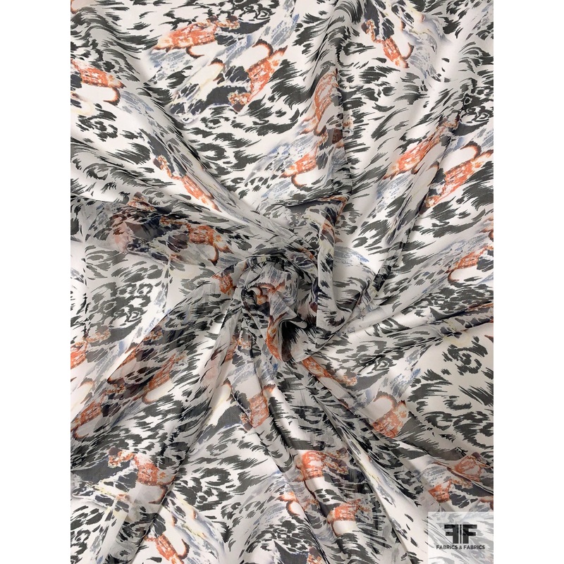 Brushstroke Animal-Pattern Printed Silk Chiffon – Black / White / Grey / Orange Fabric by the Yard