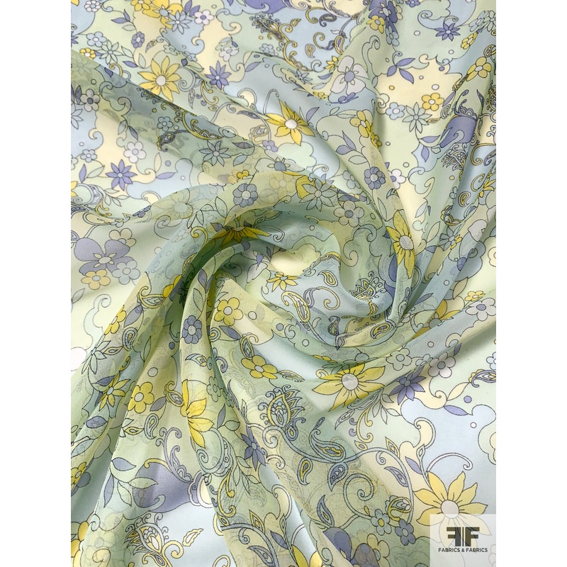 Floral Graphic Printed Silk Chiffon – Pastel Limes / Sky Blue / Periwinkle / Yellow Fabric by the Yard