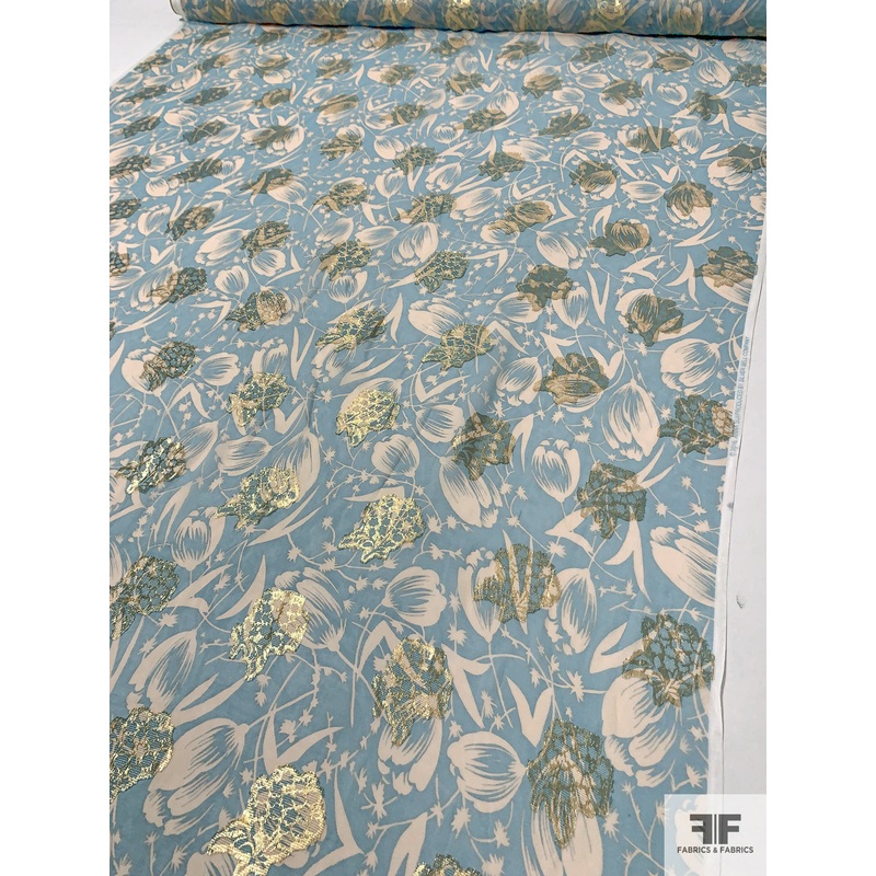 Floral Printed Silk Chiffon with Metallic Floral – Summer Blue / Blush Pink / Gold Fabric by the Yard