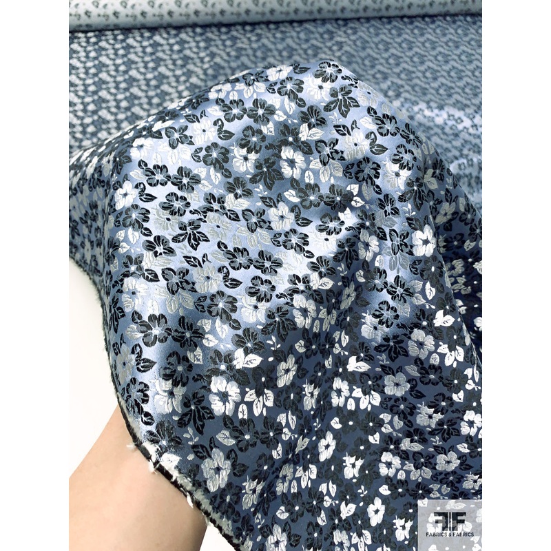 Floral Silk Necktie Jacquard Brocade – Cool Blue / Black / White Fabric by the Yard