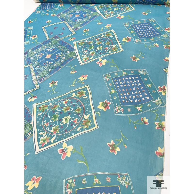 Frames and Floral Printed Silk Chiffon – Teal / Soft Yellow / Green / Magenta Fabric by the Yard