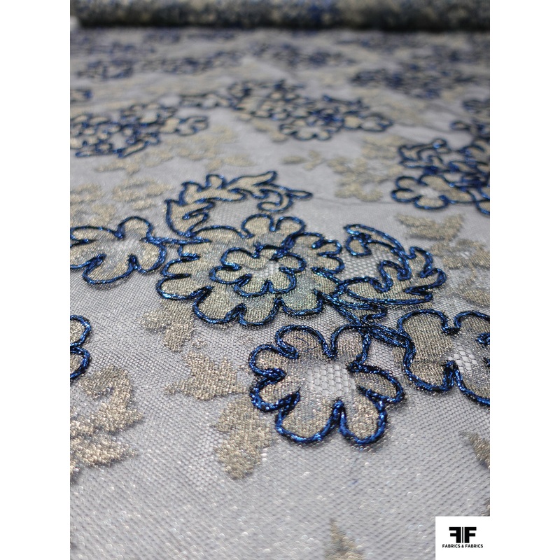 French Floral Shimmer Lace with Metallic Cording – Electric Blue / Gold Fabric by the Yard