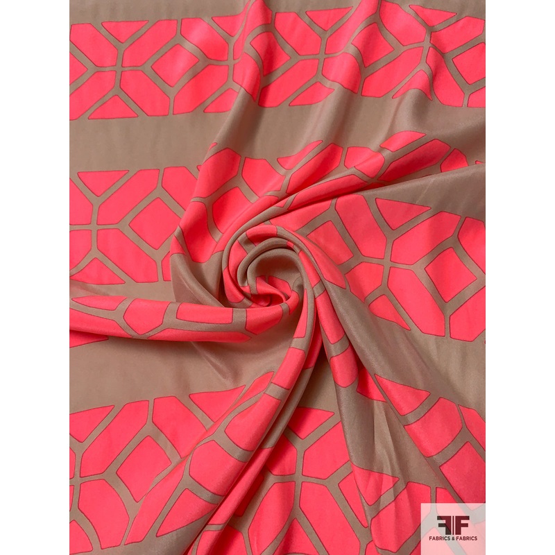 Geometric Striped Matte-Side Printed Silk Charmeuse Panel – Neon Coral / Tan Fabric by the Panel