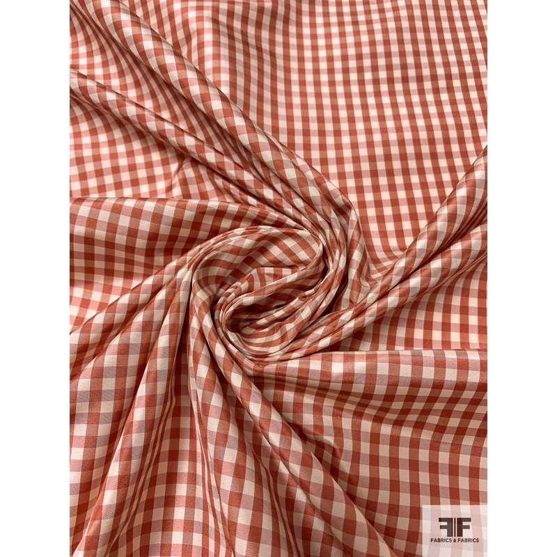 Gingham Check Yarn-Dyed Silk Taffeta – Antique Red / Light Ivory / Muted Cranberry Fabric by the Yard