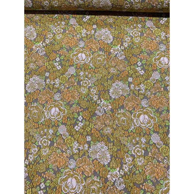 Italian Floral Field Textured Brocade with Lurex – Olive Green / Mustard Yellow  / Grey Fabric by the Yard