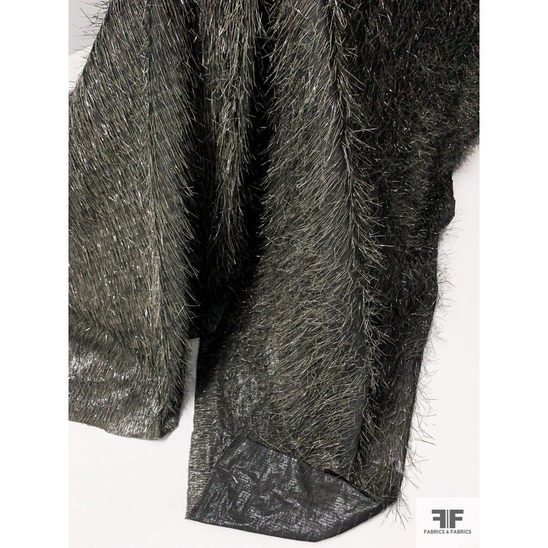 Italian Novelty Polyester Taffeta with Lurex Thread Fringe – Midnight Olive Fabric by the Yard