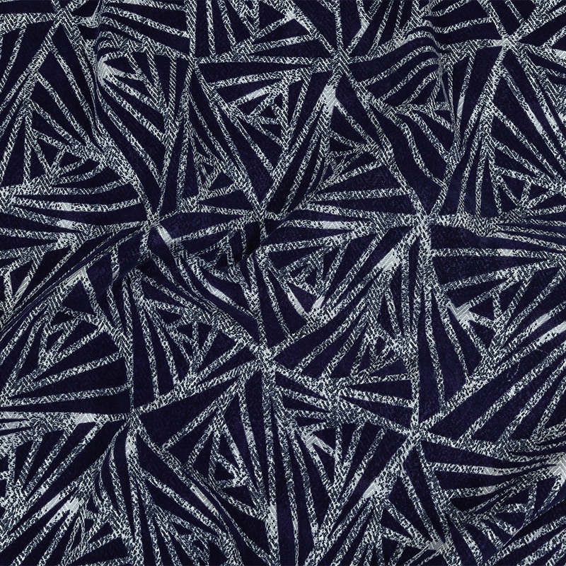 Navy Flocked Triangles on Cosmic Sky and White Distressed Chevrons Cotton Shirting