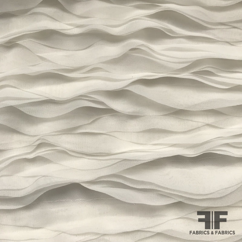Novelty Couture Silk Ruffles Stitched onto Tulle – White Fabric by the Yard