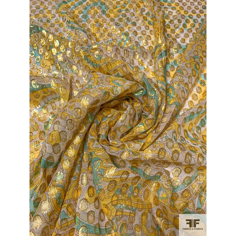Paisley Printed Silk Chiffon with Metallic Clip Circles – Yellow / Gold / Aquamarine Fabric by the Yard