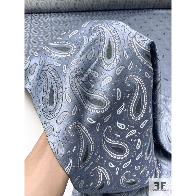 Paisley Silk Necktie Jacquard Brocade – Slate Grey-Blue / White / Grey Fabric by the Yard
