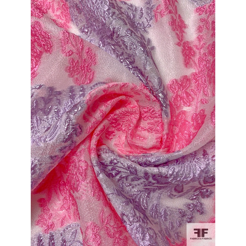 Regal Floral Textured Cloqu Polyester Organza with Metallic – Pink / Metallic Lilac / Off-White Fabric by the Yard