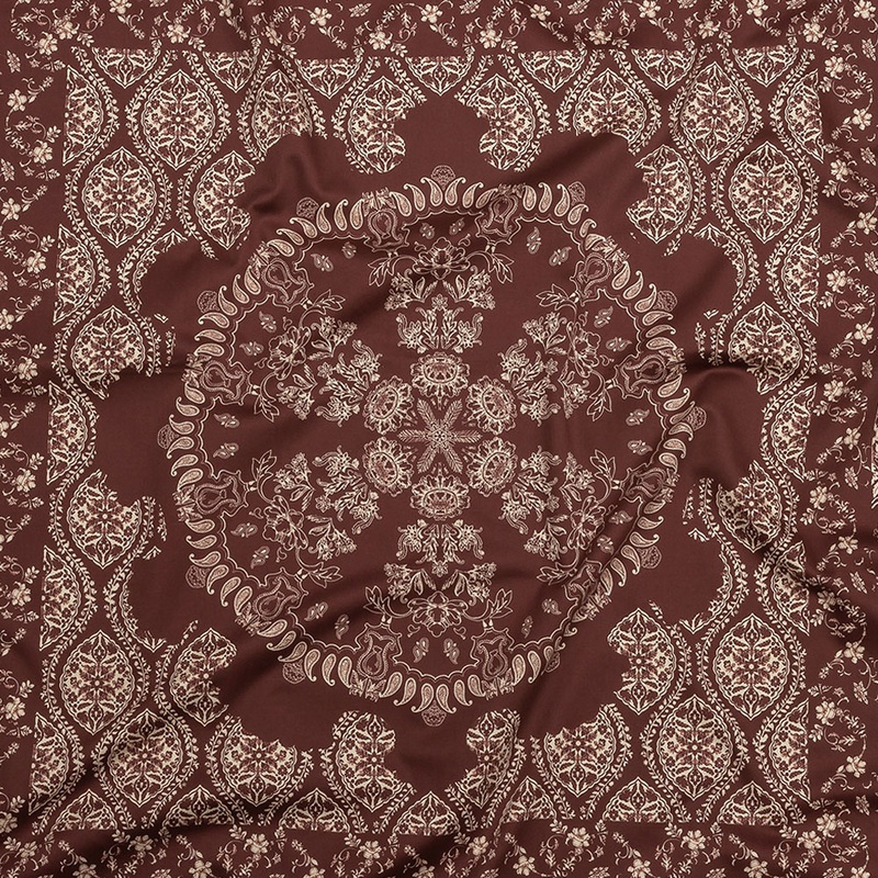 Stretch Cotton Sateen – Beige and Burgundy Paisley – Impressions in Time Print – Mood Exclusive Rockland Collection