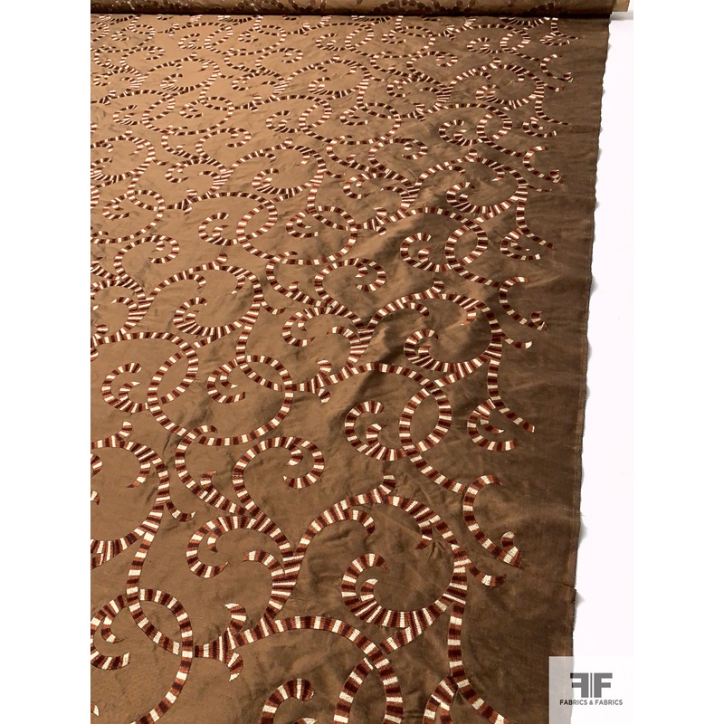 Swirly Geo-Vines Embroidered Silk Shantung – Brown / Copper / Burgundy Fabric by the Yard