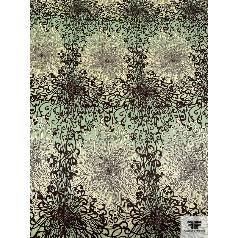 Tentacle Landscape Printed Silk Charmeuse – Pistachio Green / Cream / Brown Fabric by the Yard