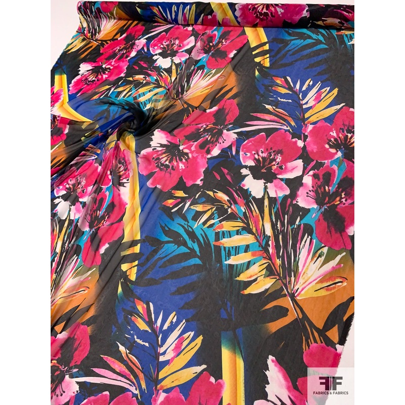 Vibrant Tropical Floral Printed Silk Chiffon – Magenta / Blue / Yellows / Black Fabric by the Yard