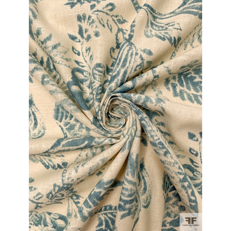 Vintage-Look Branch Leaf Printed Cotton-LInen Blend – Vintage Turquoise / Sand Fabric by the Yard