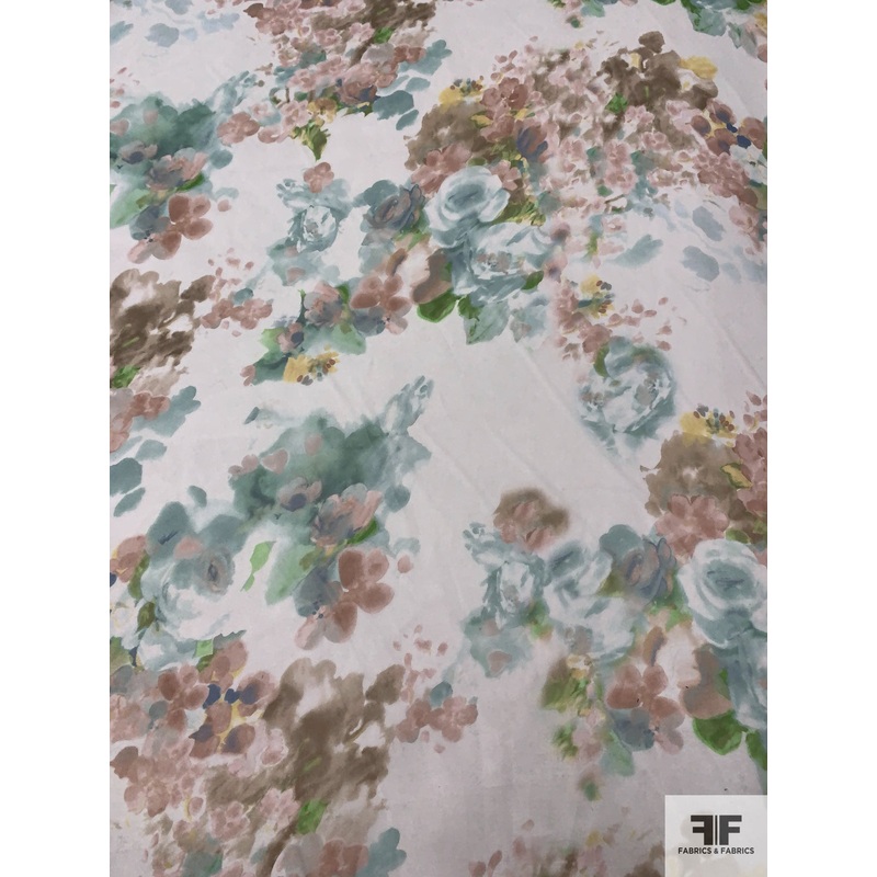 Watercolor Floral Printed Polyester Satin Face Organza – Dusty Seafoam / Dusty Mauve / Yellow / Off-White Fabric by the Yard