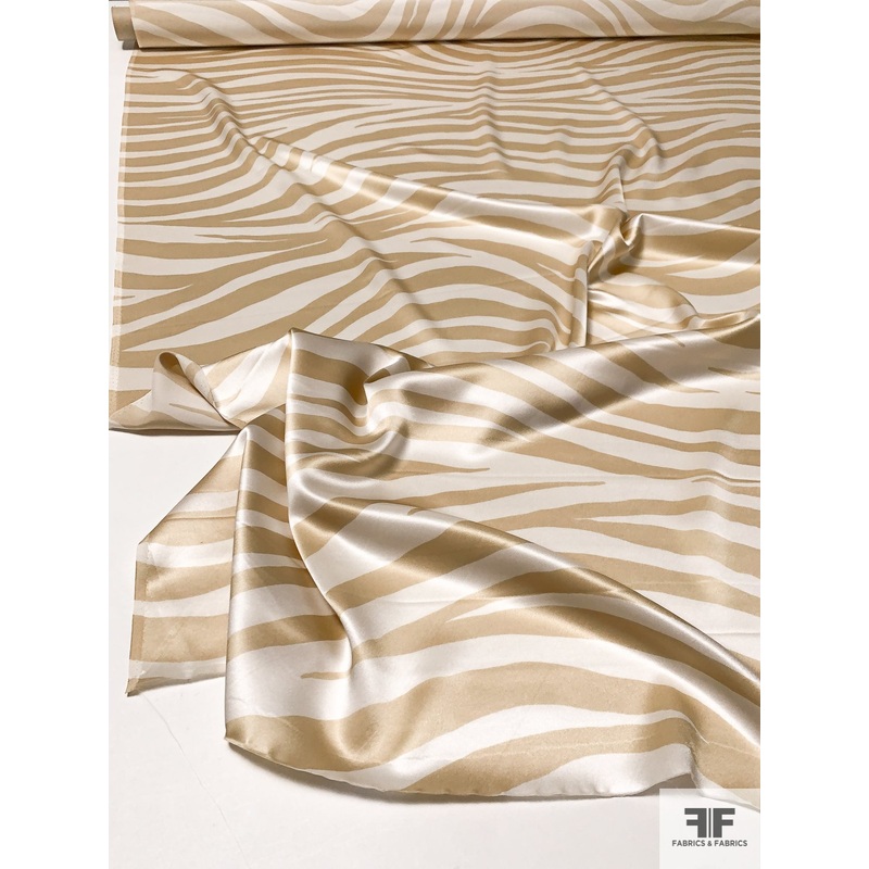 Zebra Inspired Printed Silk Charmeuse – Antique Gold / Off White Fabric by the Yard