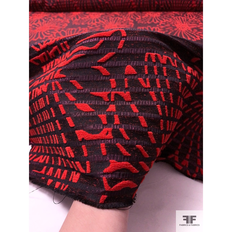 Chenille-Like Floral Pattern Novelty Textured Brocade – Red / Black / Metallic Magenta Fabric by the Yard