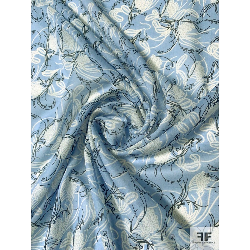 Delicate Hearts in Floral with French Script Printed Cotton Voile – Soft Blue / White / Black Fabric by the Yard
