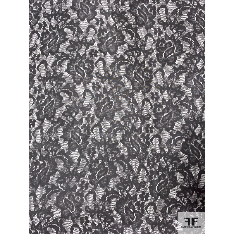 Floral Silhouette on Web Printed Silk Chiffon – Black / Off-White Fabric by the Yard