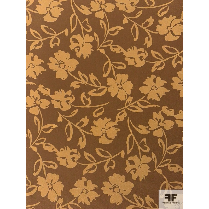 Floral Silhouette Printed Silk Crepe de Chine – Brown / Tan Fabric by the Yard