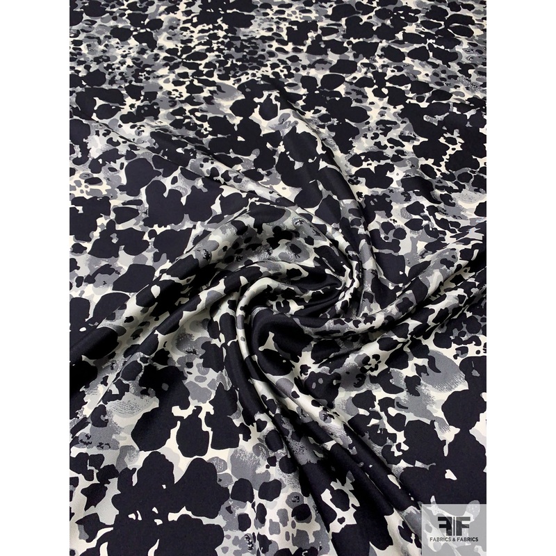 Graphic Printed Fine Silk Twill – Black / Grey / Ivory Fabric by the Yard