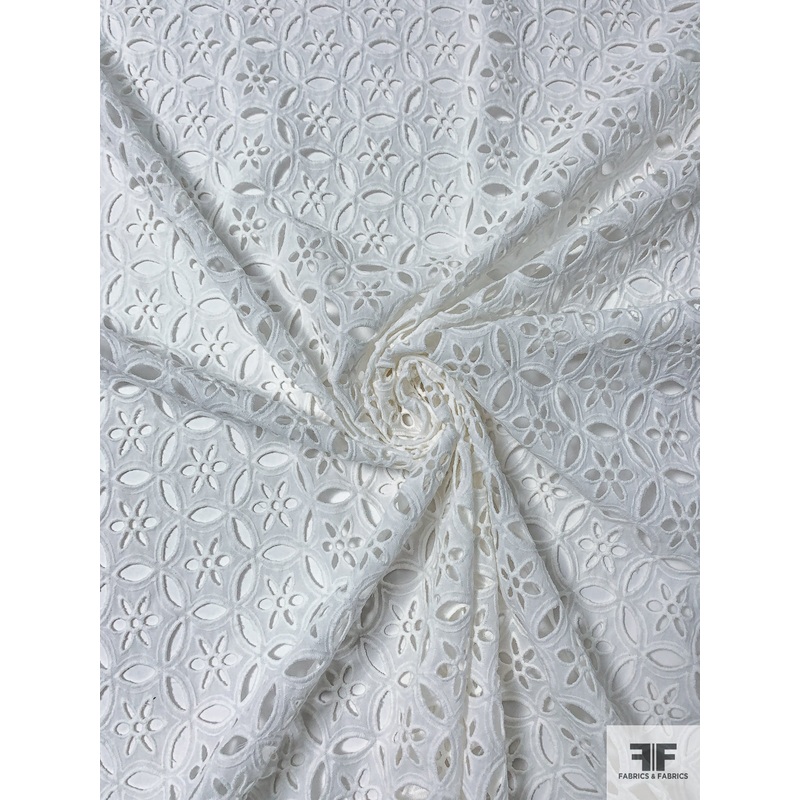 Interlocking Floral Embroidered Eyelet Cotton Voile – Off-White Fabric by the Yard