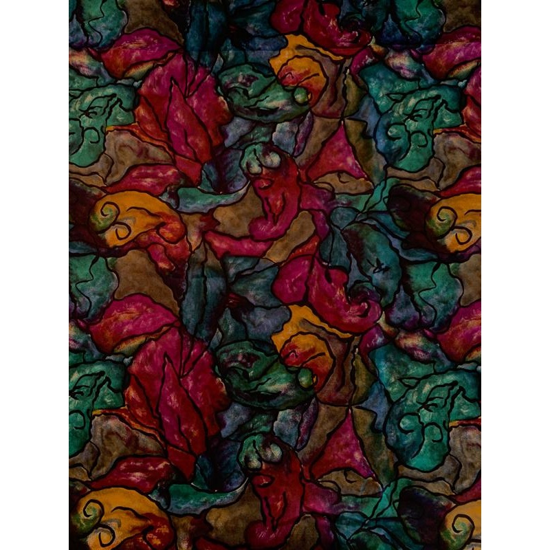 Italian Abstract Printed Fine Silk Twill – Purple / Teal / Antique Gold / Black Fabric by the Yard