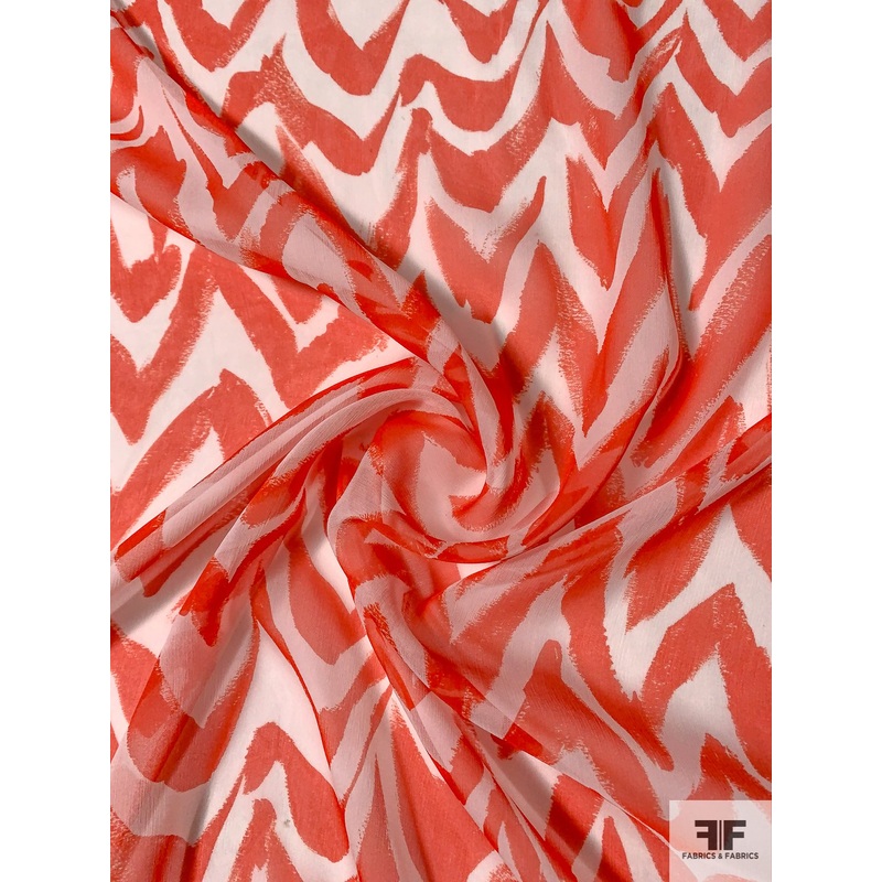 Italian Painterly Chevron Printed Crinkled Silk Chiffon – Hot Orange / Silk White Fabric by the Yard