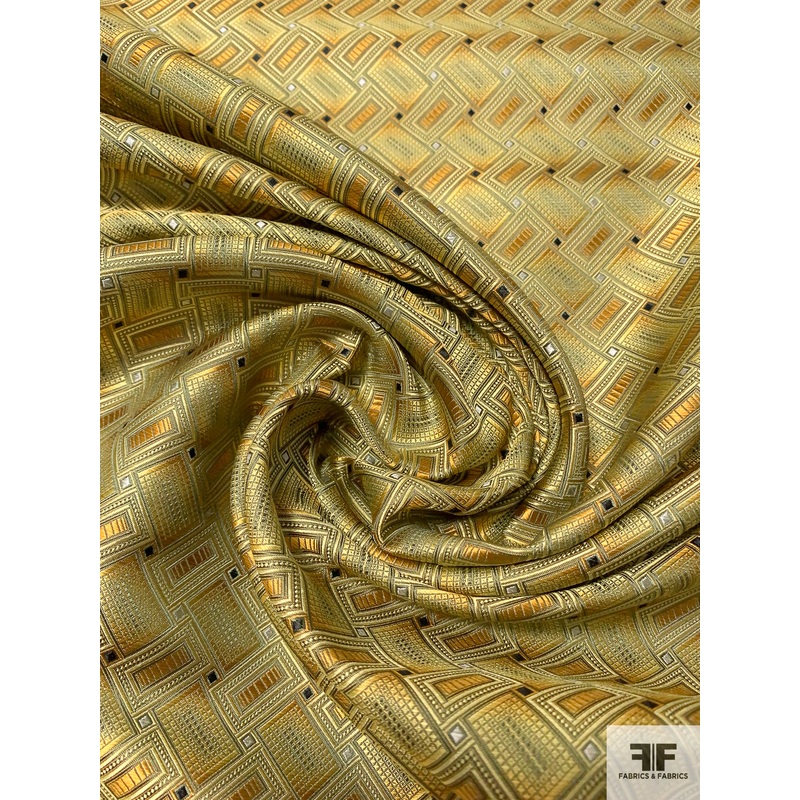 Rectangle Diagonal Lattice Silk Necktie Jacquard Brocade – Yellow-Gold / Antique Green / Black Fabric by the Yard