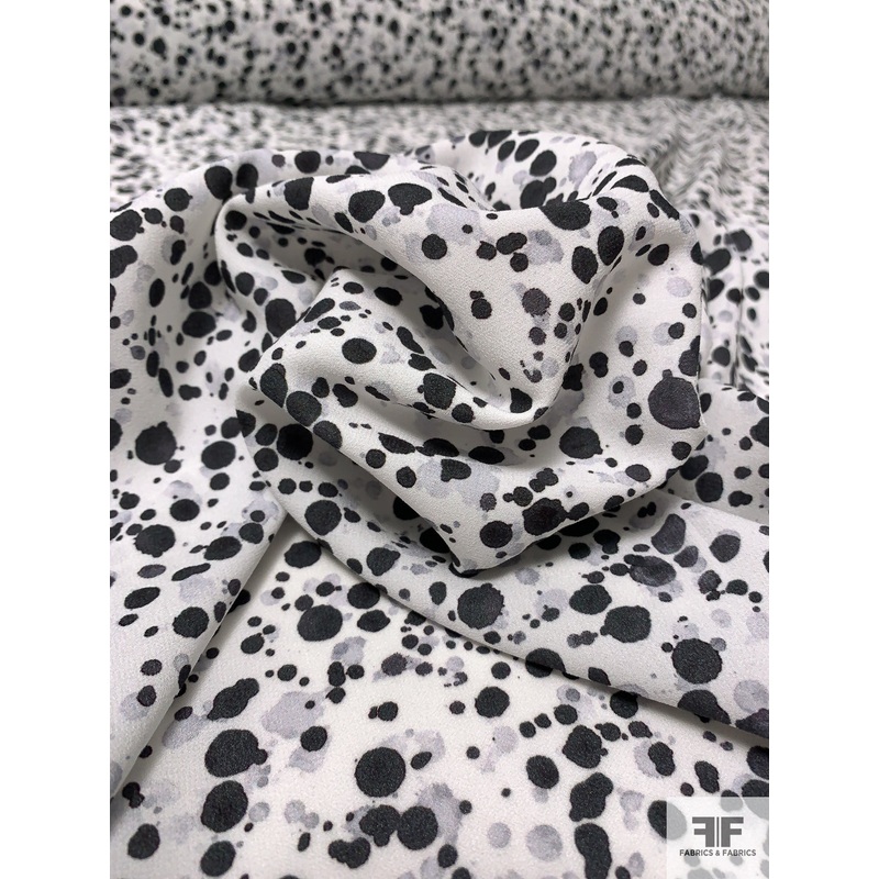 Splatter Dots Matte-Side Printed Polyester Crepe Back Satin – Black / Grey / Off-White Fabric by the Yard